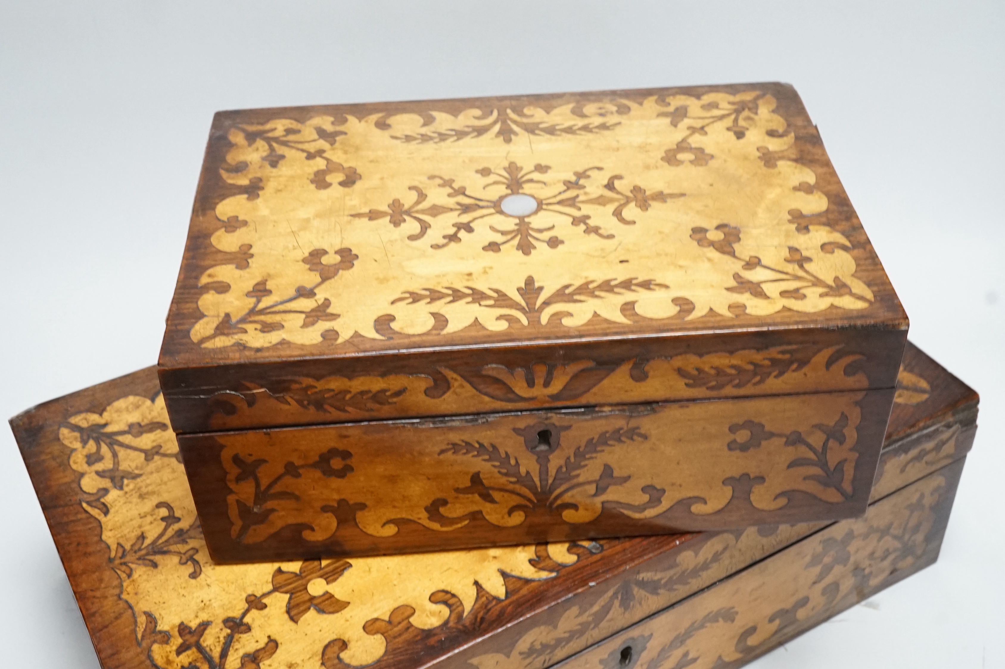 A Victorian maple and rosewood inlaid writing box, and matching workbox, 40cm wide